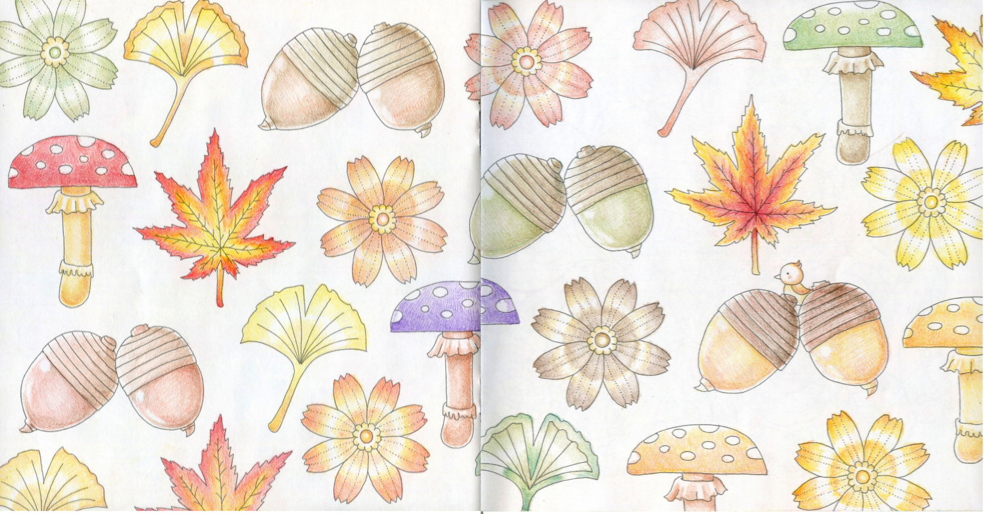 ダイソー《癒しの塗り絵 花の国》その12 様々な秋模様 : 暁のコロリアージュ日記