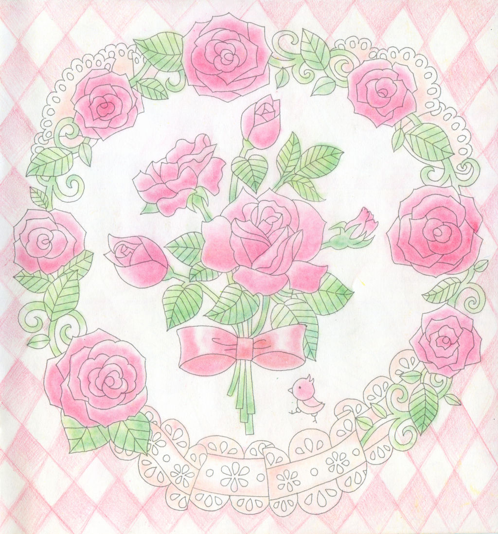 ぬりえ♪ 2020-29 ダイソー塗り絵 love paradise ダイソー《癒しの塗り絵 花の国》その11 ピンクローズ パステル塗り : 暁のコロリアージュ日記