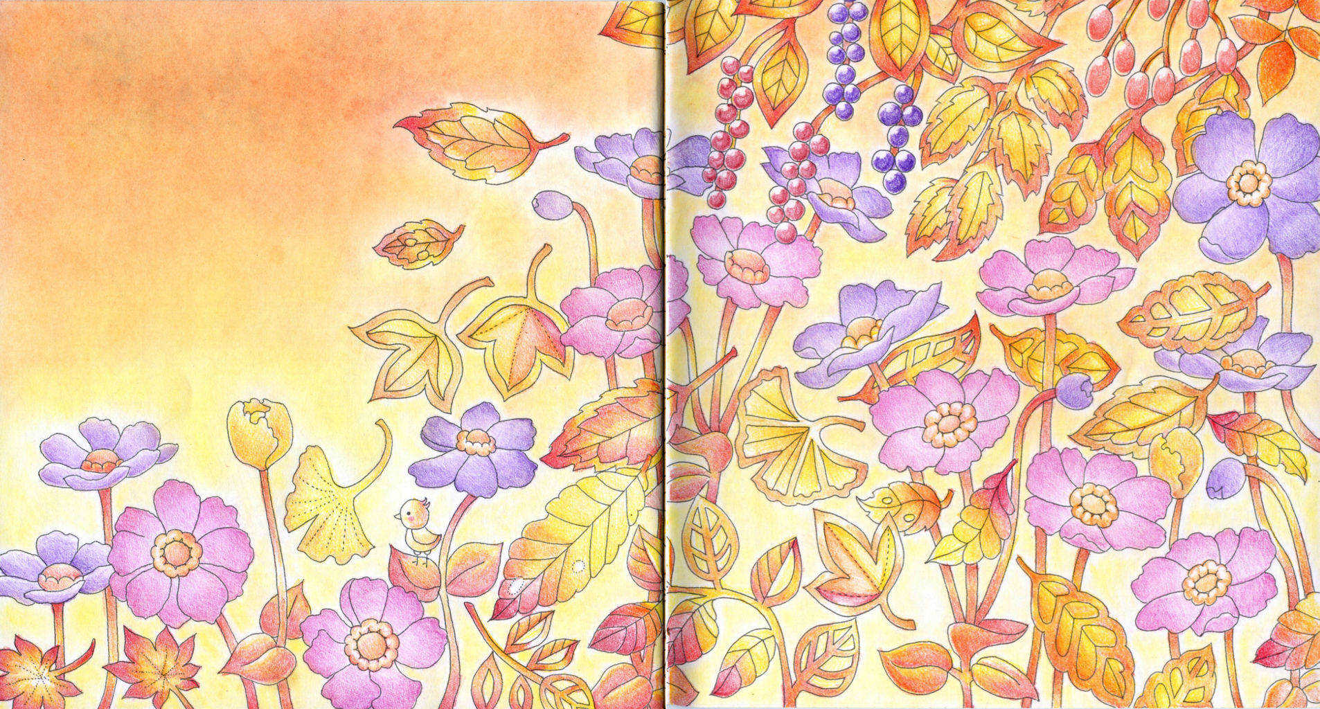 ダイソー《癒しの塗り絵 花の国》 その14 燃える紅葉、秋の華 : 暁のコロリアージュ日記