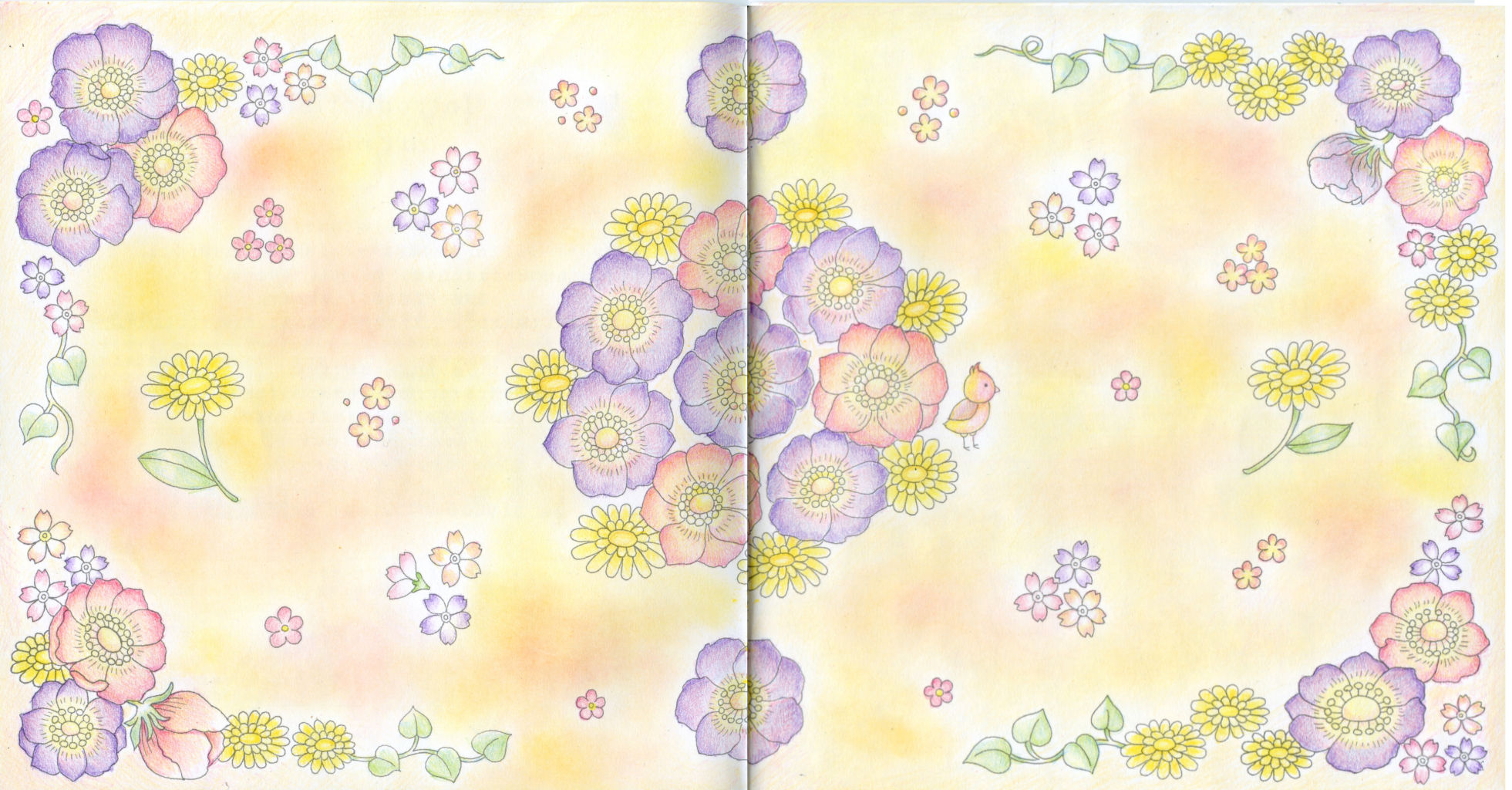 ダイソー《癒しの塗り絵 花の国》 その1 紫×ピンク×黄色 : 暁のコロリアージュ日記