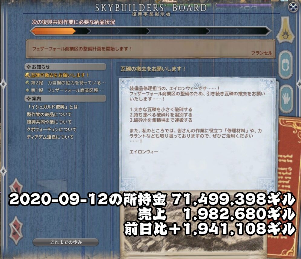 09 12の所持金 71 499 398ギル 売上 1 9 680ギル 前日比 1 941 108ギル 所持金が7000万ギル超え Ff14で一億ギルを貯める計画