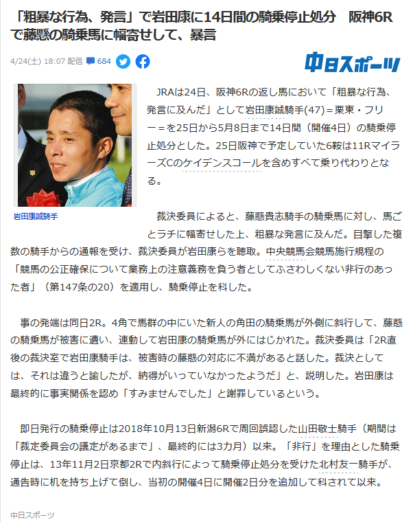 岩田康騎手が粗暴な行為で翌日から騎乗停止 バカなの 週末限定 １５時からの中央競馬