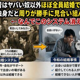 昭和「昔はヤバい奴以外ほぼ全員結婚できたし、独身だと周りが勝手に見合い組んでた」←なんでこのシステム消えたの?