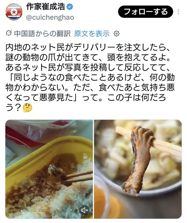 中国にてデリバリーを注文したら謎の動物の爪が出てきた件