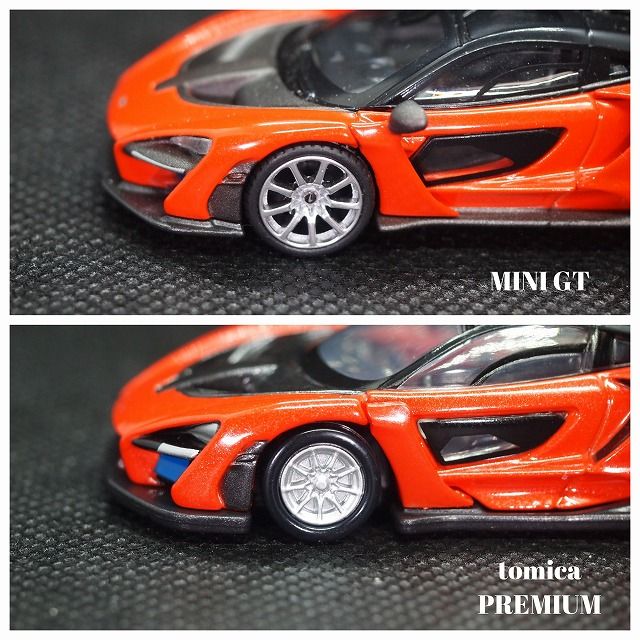 ミニカー マクラーレン セナ (オレンジ色) の比較（MINI GT vs トミカ