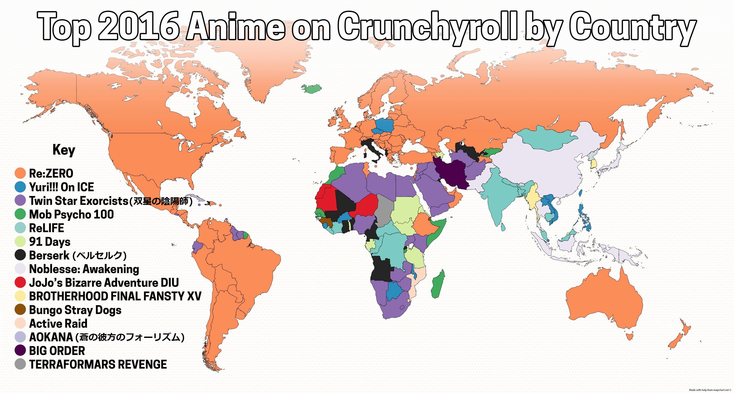 国別の16年人気アニメが発表 欧米はre ゼロ アフリカと中東では双星の陰陽師が人気と判明 海外の万国反応記 海外の反応