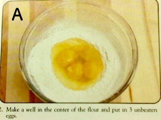 Make a well in the center of the flour and put in eggs.
