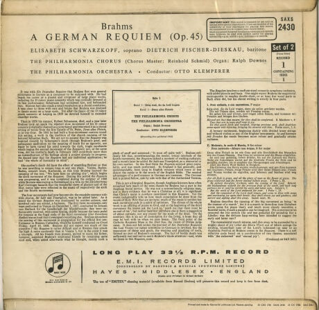 オットー・クレンペラー ブラームス「ドイツ鎮魂曲」(1枚半収録) COLUMBIA SAX2430-1