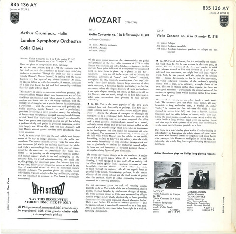 NL PHILIPS 835 136AY アルテュール・グリュミオー コリン・デイヴィス ロンドン交響楽団 モーツァルト ヴァイオリン協奏曲1番＆4番