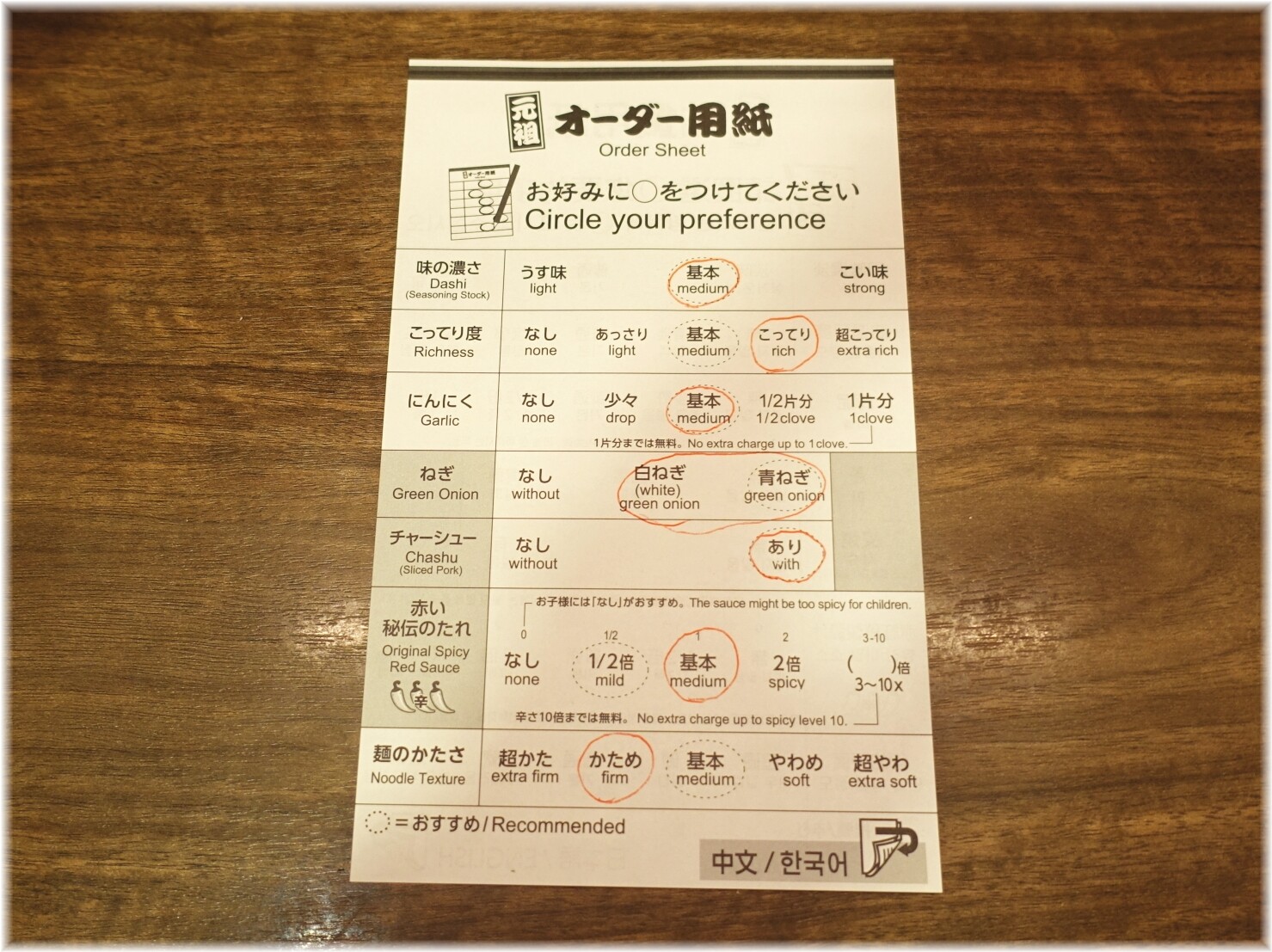 一蘭渋谷店 オーダー用紙
