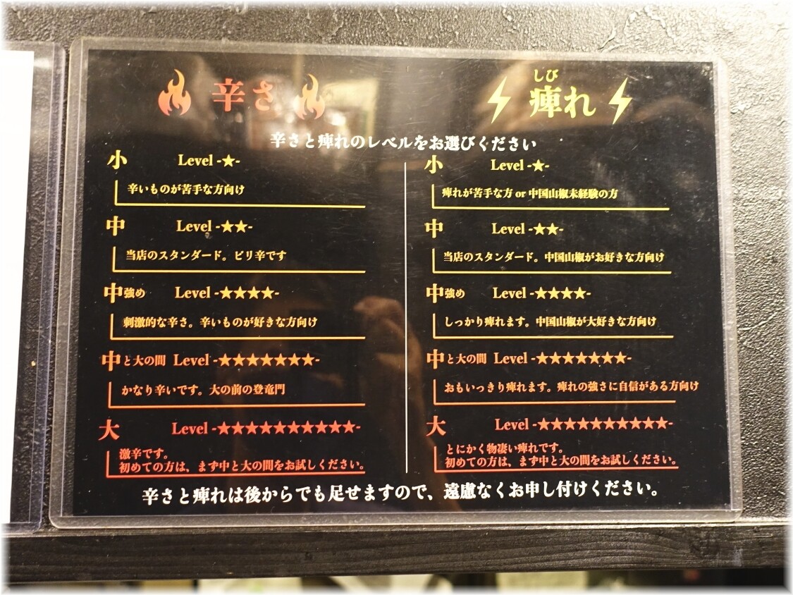 タンタンタイガー蔵前店 辛さと痺れのレベル表