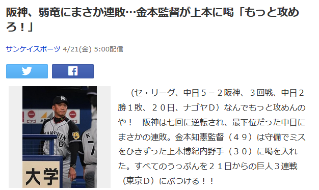 【サンスポ】阪神、弱竜にまさか連敗…金本監督が上本に喝「もっと攻めろ！」