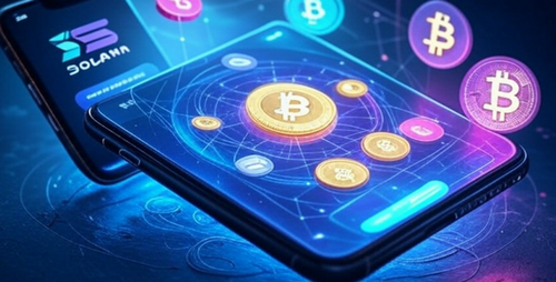 スマートフォンの画面から仮想通貨コイン（ビットコイン、ソラナなど）のアイコンが立体的に浮かび上がっている未来的なCG。画面には暗い背景に青い光のエフェクトが広がり、ウォレットアプリのUIが表示されている。