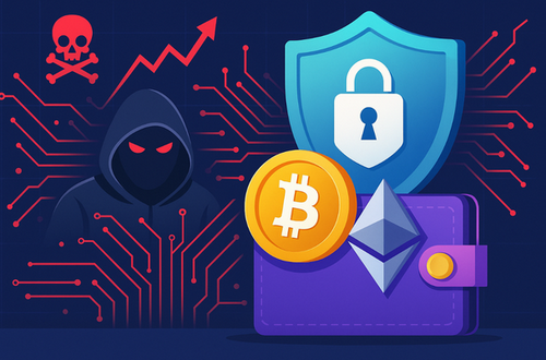 フードをかぶったハッカーのシルエット、赤い回路基板パターンと上昇する赤い矢印、左上のドクロマーク、右側には鍵マーク入りの青い盾と紫の暗号資産ウォレット、ビットコインとイーサリアムのコインアイコンが描かれたイラスト