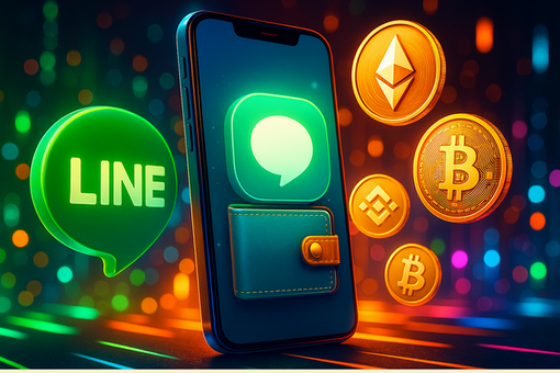 スマホとLINE、仮想通貨が並んでいる様子