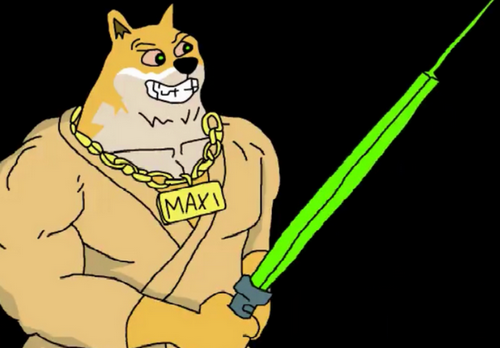 緑色のライトセーバーを構える筋肉ムキムキの柴犬キャラクターMAXI。金のネックレスを身に着け、黒背景の中で戦闘態勢を取っている