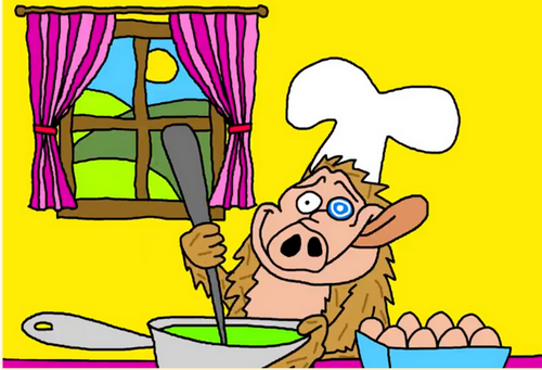 料理人の帽子をかぶったブタのキャラクターが、ボウルで緑色の液体をかき混ぜるユニークなイラスト。背景には朝の風景と卵の入ったボウルも描かれている