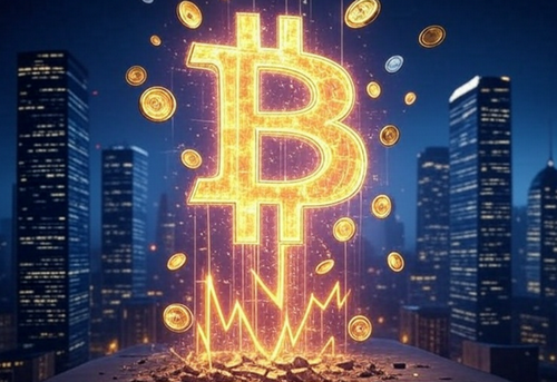 金色のビットコインと複数の小さなコインが都市の夜景の上空に浮かぶ、力強い相場上昇を象徴するビジュアル