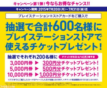 ローソンでPS Storeカードを購入+チャージすると抽選で600名にPS Storeチケットがプレゼント！7/30までキャンペーン実施中！！