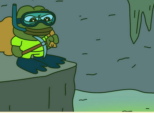 Pepenodeのミームが洞窟でマイニングをしている様子