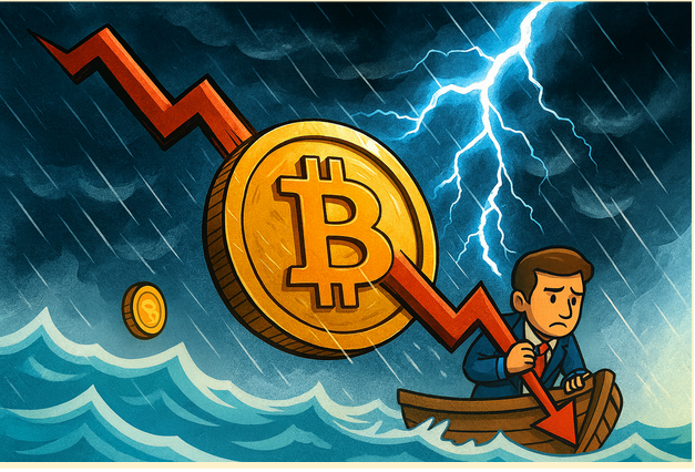 ビットコインが下落する様子と船で荒れる海を進む投資家