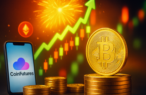 CoinFuturesのロゴが表示されたスマートフォンとビットコインの金貨。背景には上昇するチャートと花火、イーサリアムのロゴが描かれ、仮想通貨市場の高騰を象徴している