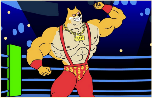 Maxi Dogeミームが観客に向かってポーズをとっている様子