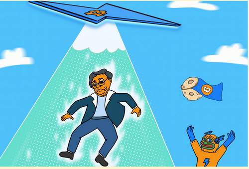 Bitcoin Hyperのミームがビットコインのパワーを使って人を浮かせている様子