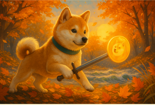 紅葉の中で剣を握っている柴犬