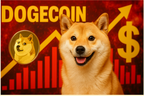 DOGECOINの上昇チャートを背景に笑顔を見せる柴犬