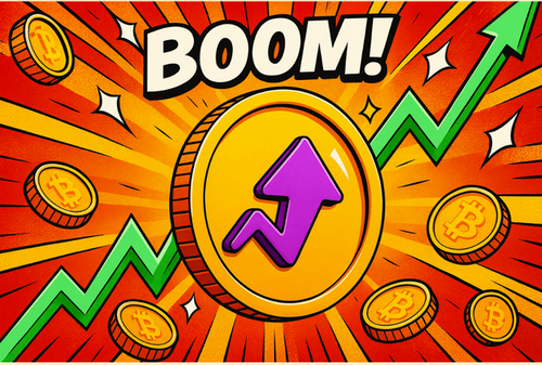BOOMという文字とともに、ビットコインと矢印付きトークンが爆発的に価格上昇している様子を描いたポップアート風イラスト