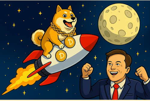 月に向かうドージと応援するイーロンマスク