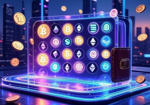 近未来的なネオン調の背景に、中央には発光する仮想通貨ウォレットの3Dホログラムが表示されている。ウォレットの画面にはビットコインやイーサリアム、リップルなど複数の暗号資産ロゴが並び、周囲には浮遊するコインや光の粒が舞っている。Web3時代のデジタル資産管理や仮想通貨の集積ハブを象徴するスタイリッシュな構図。