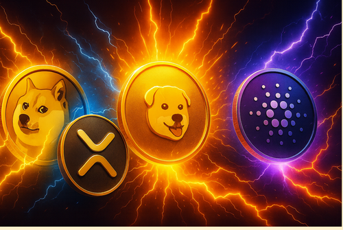 犬のイラストが描かれた仮想通貨コインと、XRPやカルダノなど複数の暗号資産コインが稲妻の背景で並ぶイラスト
