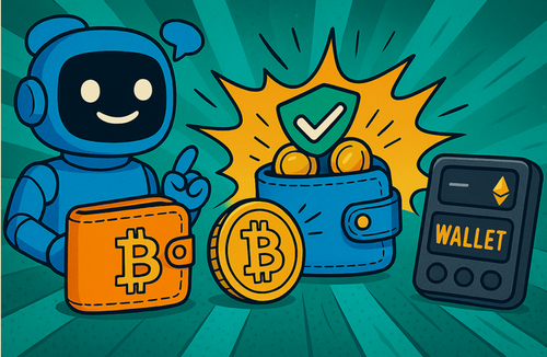 ビットコインウォレットを手にした笑顔のロボットと、セキュリティチェックマークが表示された仮想通貨ウォレットのイラスト。右にはイーサリアムマークのハードウェアウォレットも描かれ、仮想通貨の安全な管理とおすすめウォレットの象徴として表現されている