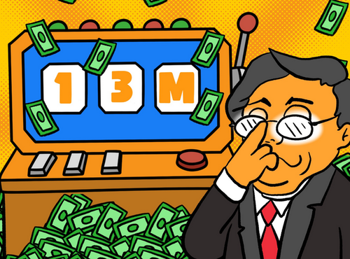 スロットマシンで「13M」が揃い、大量の紙幣があふれる中、スーツ姿の男性が笑みを浮かべているイラスト