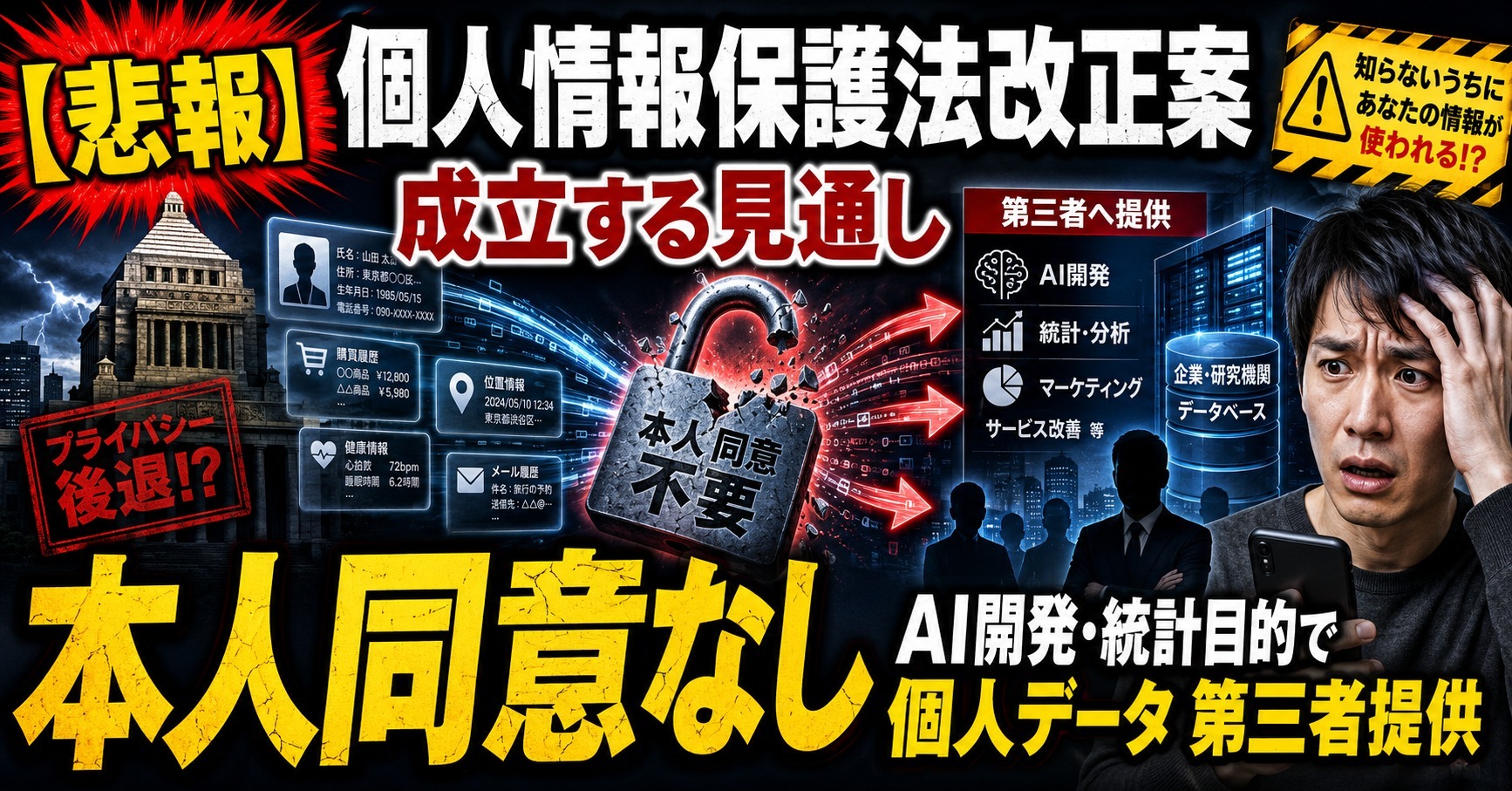 【悲報】個人情報保護法改正案　成立する見通し　AI開発や統計作成が目的であれば本人の同意なく個人データ第三者提供