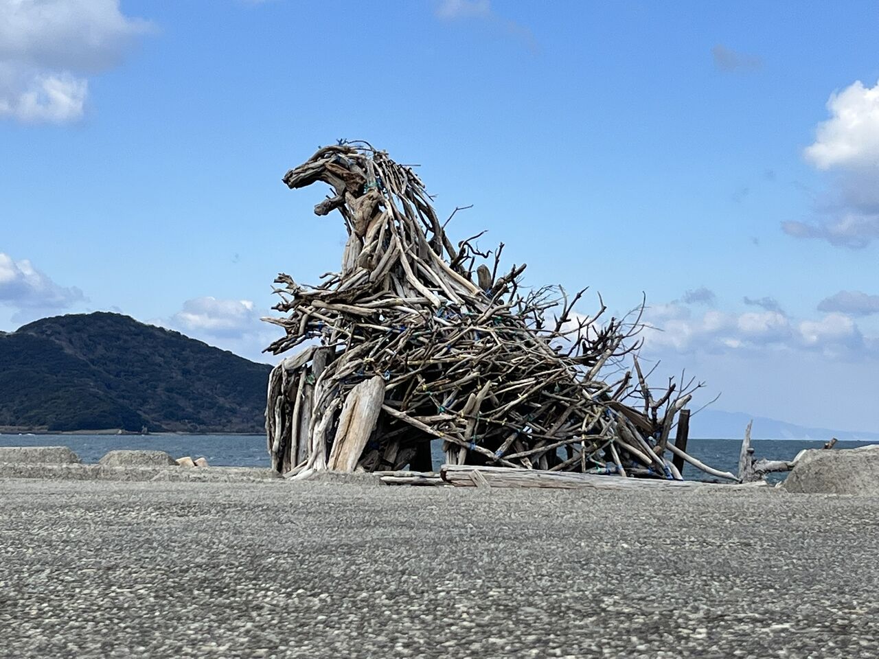 鳴門の海に現れた！流木で作られたゴジラが不法投棄防止を訴える 現地