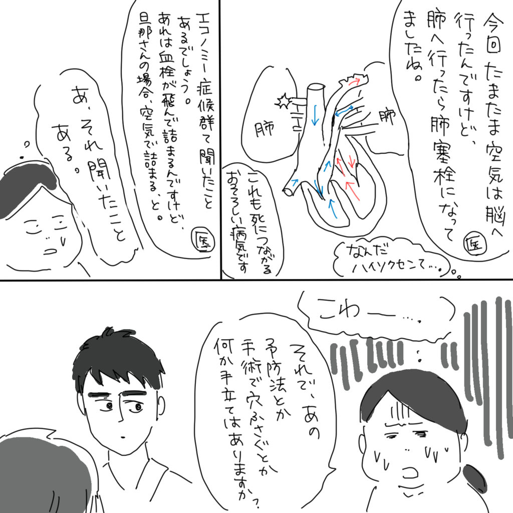 「今回たまたま空気は脳へ行ったんですけど、肺へ行ったら肺塞栓になってましたね。これも死につながるおそろしい病気です。」「なんだハイソクセンて…。」「エコノミー症候群って聞いたことあるでしょう。あれは血栓が飛んで詰まるんですけど、旦那さんの場合、空気で詰まる、と。」「あ、それ聞いたことある。」「こわ~…。それで、あの予防法とか手術で穴ふさぐとか何か手立てはありますか?」
