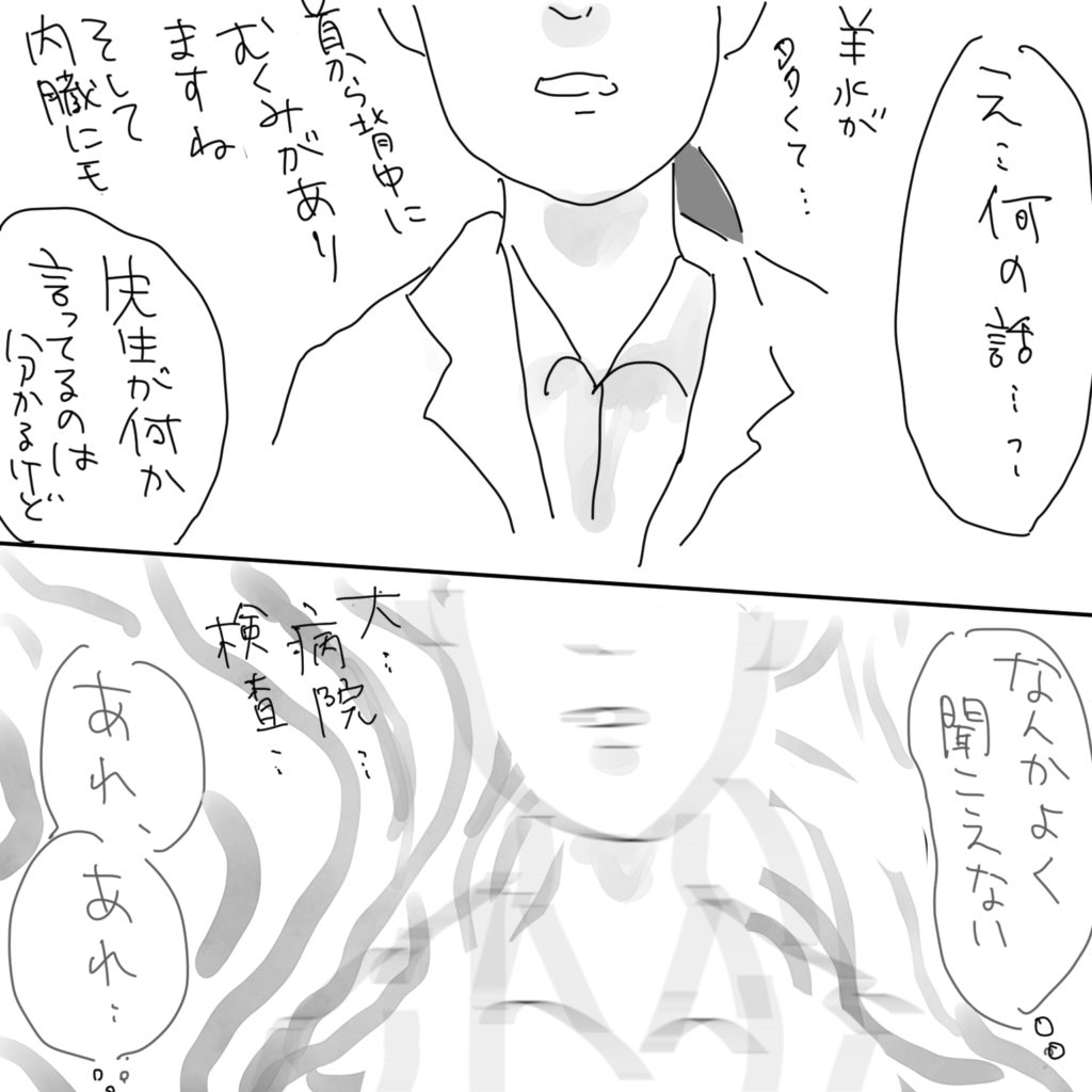「え…何の話…?」羊水が多くて…首から背中にむくみがありますねそして内臓にも「先生が何か言ってるのは分かるけど」「なんかよく聞こえない」大病院…検査…「あれ」「あれ…」