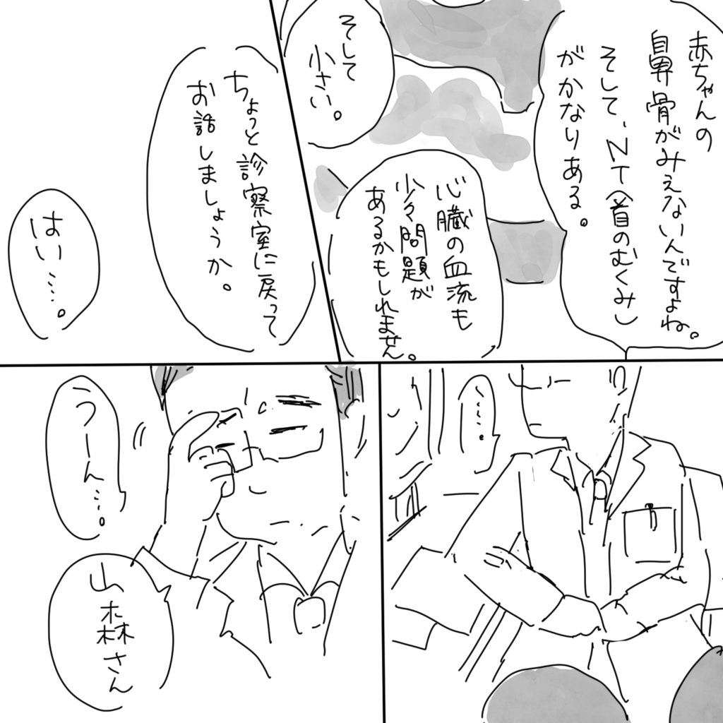 「赤ちゃんの鼻骨がみえないんですよね。そしてNT（首のむくみ）がかなりある。そして小さい。心臓の血流も少々問題があるかもしれません。」「ちょっと診察室に戻ってお話ししましょうか。」「はい…。」「…。」「うーん…。山森さん」
