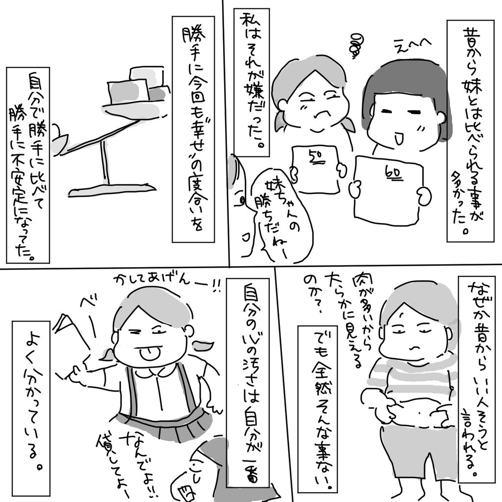 昔から妹とは比べられる事が多かった。私はそれが嫌だった。「妹ちゃんの勝ちだねー」買ったに今回も”幸せ”の度合いを自分で勝手に比べて勝手に不安定になってた。なぜか昔からいい人そうと言われる。でも全然そんな事ない。「肉が多いから大らかに見えるのか？」自分の心の汚さは自分が一番よく分かっている。