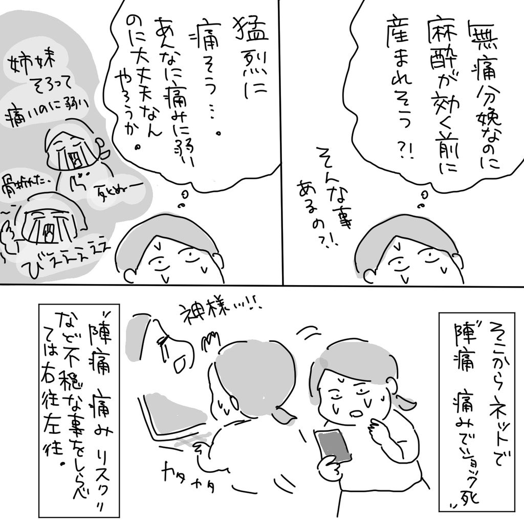 「無痛分娩なのに麻酔が効く前に産まれそう!?」そんな事あるの!?「猛烈に痛そう…。あんなに痛みに弱いのに大丈夫なんやろうか。」姉妹そろって痛みに弱い。そこからネットで”陣痛 痛みでショック死””陣痛 痛み リスク”など不穏な事をしらべては右往左往。「神様…!!」