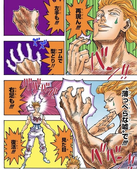 謎 謎 ヒソカが団長に負けた時に顔とか手足の欠損したところ念で作ったやん 花より漫画