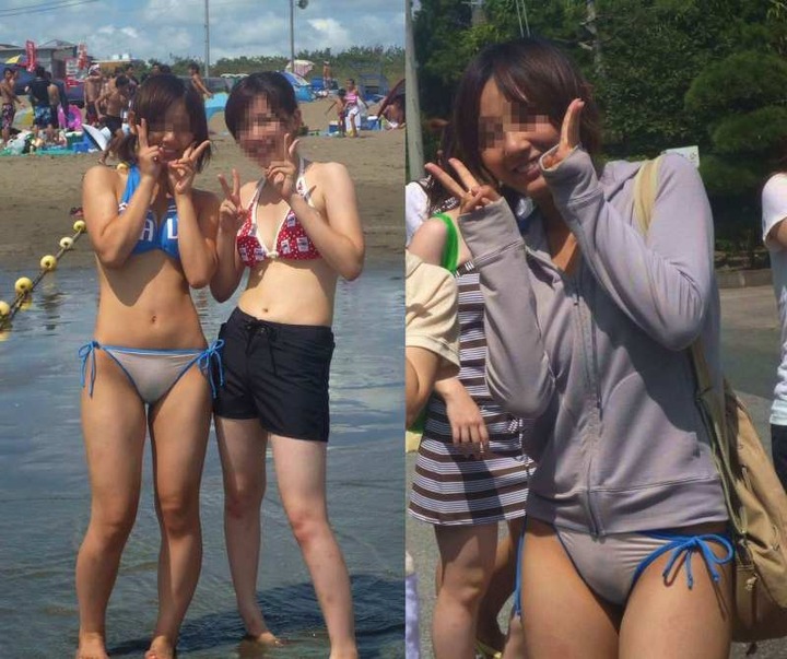 海ではしゃいでる素人のエロ水着画像80枚 70