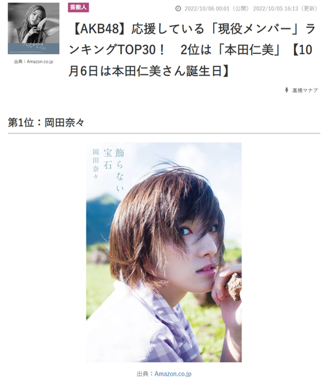 【AKB48】ねとらぼ調査隊「応援している現役メンバーランキング」の全順位！1位は岡田奈々、最下位は・・・