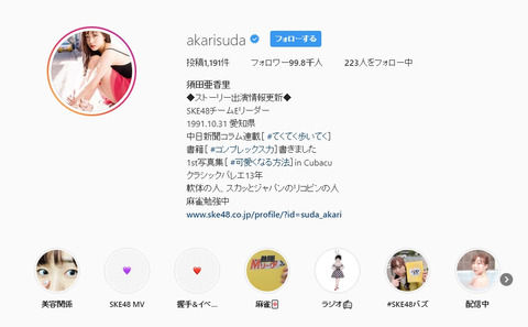 【衝撃】AKB48総選挙2位の須田亜香里って一度も選抜に入れず辞めた後藤萌咲よりインスタフォロワー数少ないんだな・・・