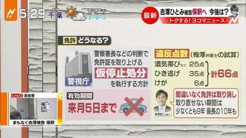 吉澤ひとみ被告違反点数酒気帯びなど25点+ひき逃げ35点けが6点=計66点