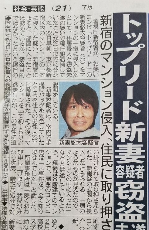 日刊スポーツのトップリード新妻逮捕記事wwwwwwwwww