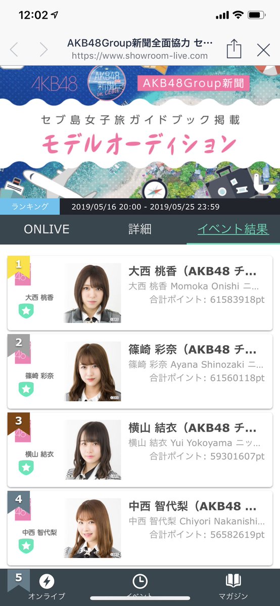 【速報】SRセブ島イベント最終結果はチーム8大西桃香がまさかの大逆転で1位、2位篠崎彩奈、3位横山結衣【AKB48セブ島女子旅ガイドブック掲載モデルオーディション】